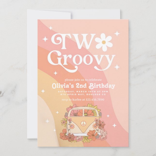 EDITABLE ZWEI Groovy Geburtstag Einladung, Mädchen Einladung (Vorderseite)