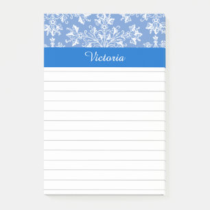 Editierbar Blau Weiß Vintage Damast Floral Lined Post-it Klebezettel