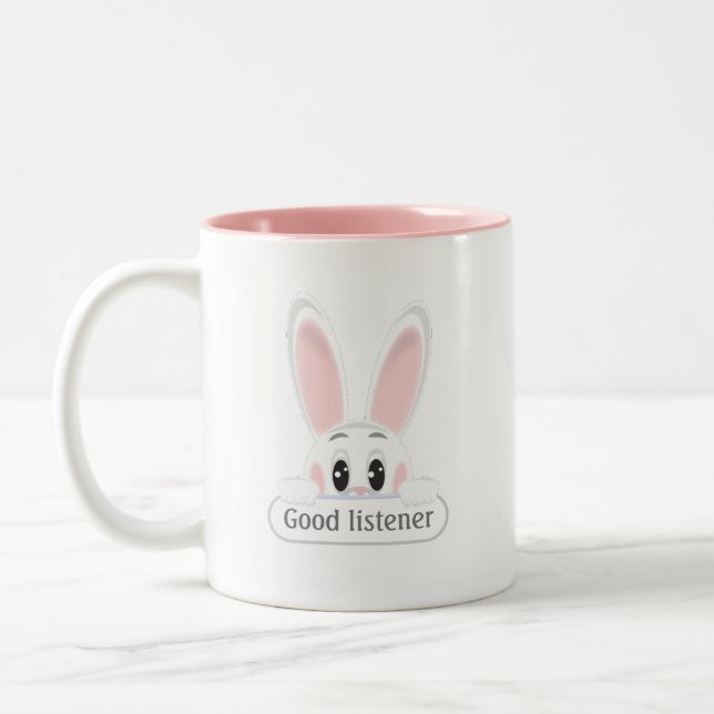 Editierbar Good Listener White Bunny & Monogram Zweifarbige Tasse (Links)