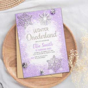 Editierbar Lila Silver Glitzer Winter Onederland Einladung
