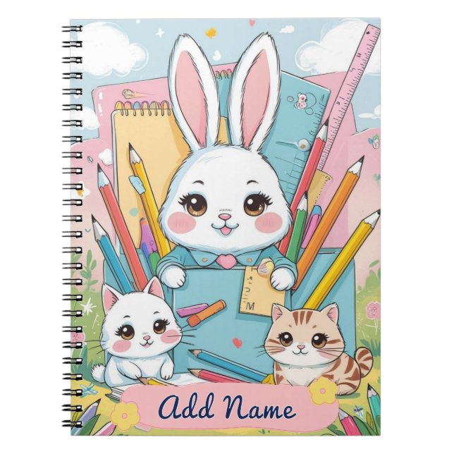 Editierbar Niedlich Bunny & Kittens School Noteboo Notizblock (Vorderseite)