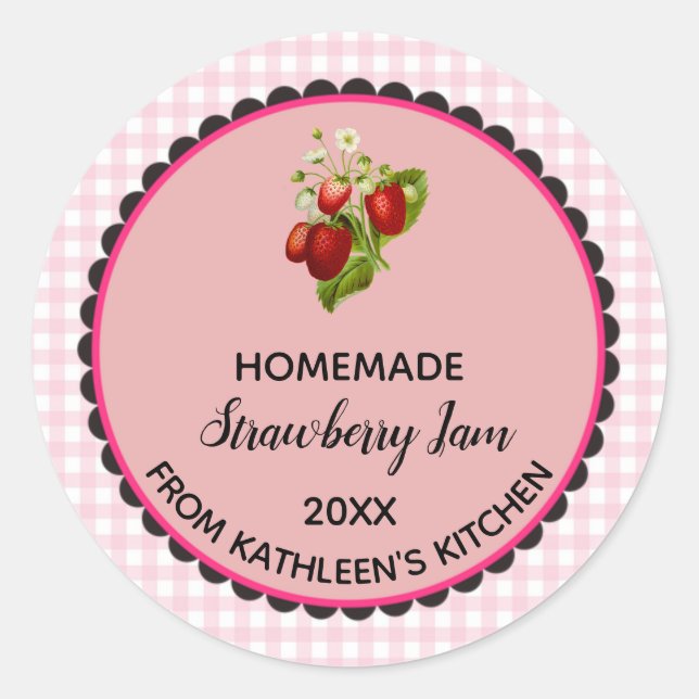 Editierbar Pink Gingham Strawberry Jam Label Aufkl Runder Aufkleber (Vorderseite)