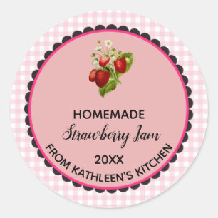 Editierbar Pink Gingham Strawberry Jam Label Aufkl Runder Aufkleber