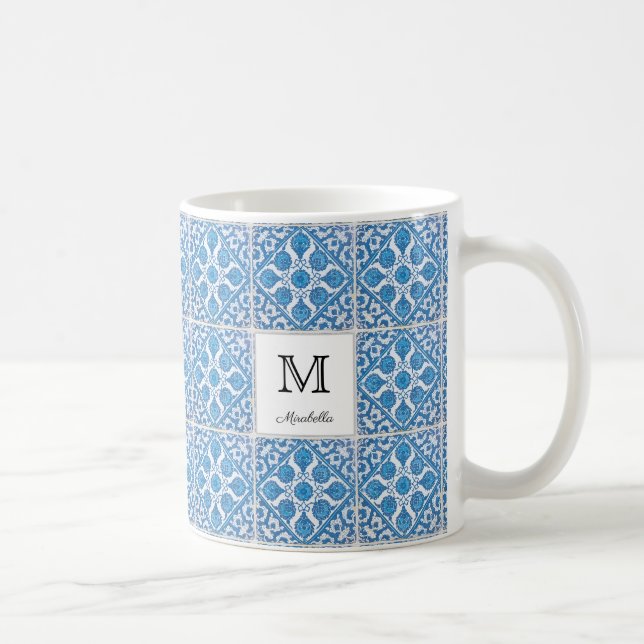 Editierbare blaue Vintage Imitate mit Blumenmuster Kaffeetasse (Rechts)