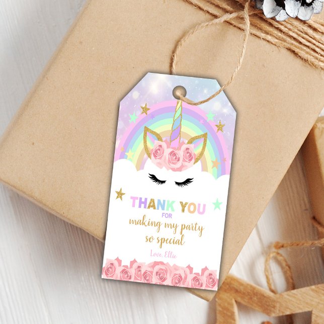 Editierbare Gastgeschenk-Labels Geschenkanhänger (Pink Rose Unicorn Birthday Gift Tags)