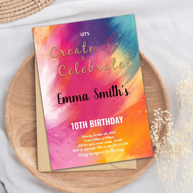 Editierbare Kids Art Party Card mit Rainbow Splash Einladung (Paint Birthday Invitations)