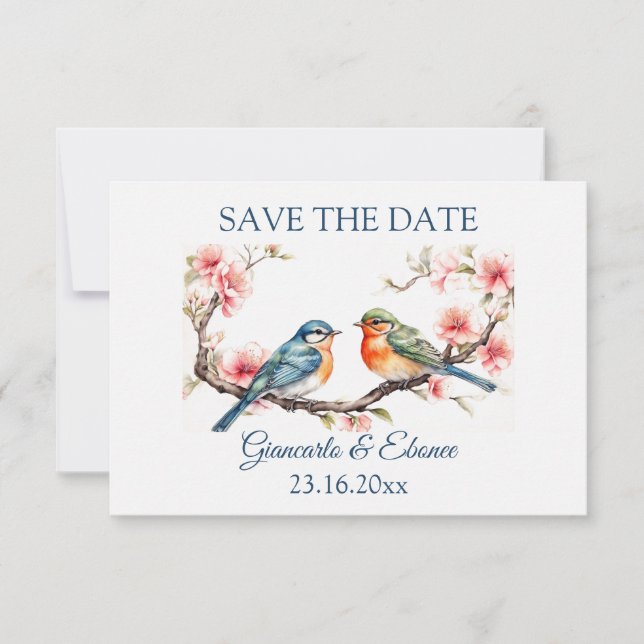 Editierbare Lovebirds Save the Date Card Einladung (Vorderseite)