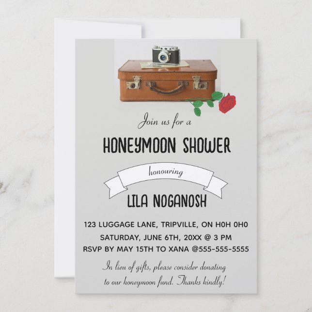 Editierbare Luggy Camera and Rose Honeymoon Dusche Einladung (Vorderseite)