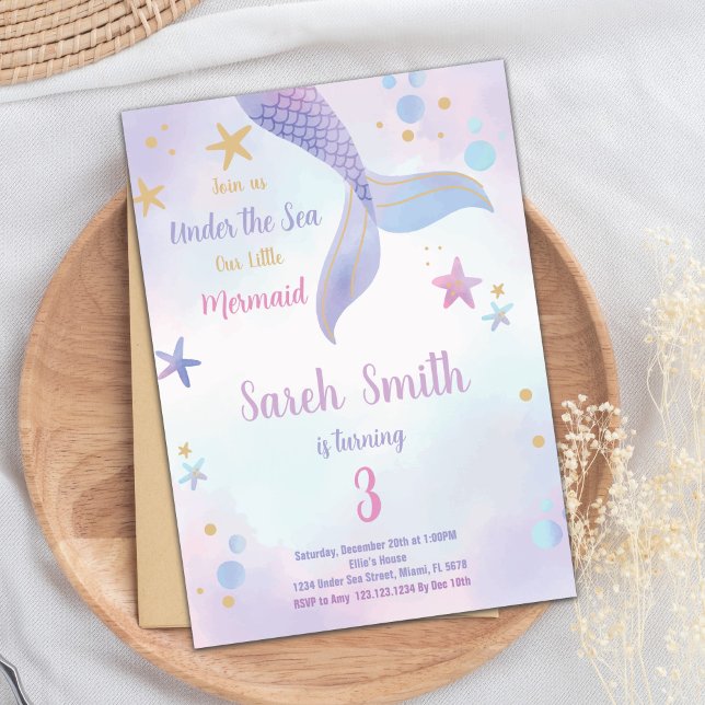 Editierbare Mädchen unter dem Party Einladung (Purple Pink Mermaid Birthday Invitation)