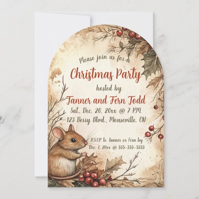 Editierbare Maus und Berries Weihnachtsfest Party Einladung (Vorderseite)