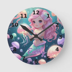 Editierbare Mermaid & Jellyfish Wall Clock Runde Wanduhr