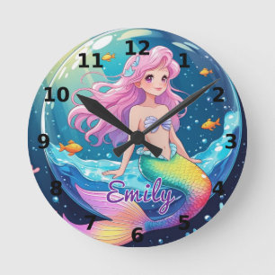 Editierbare Mermaid Wall Clock - Magische Ozeanvib Runde Wanduhr