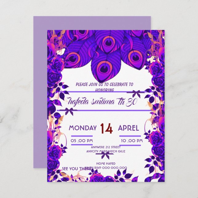 Editierbare Party Einladungen Peacock Feather Glit (Vorne/Hinten)