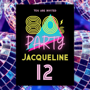 Editierbare Retro-80er-Party-Neon-Rosa-12.-Geburts Einladung