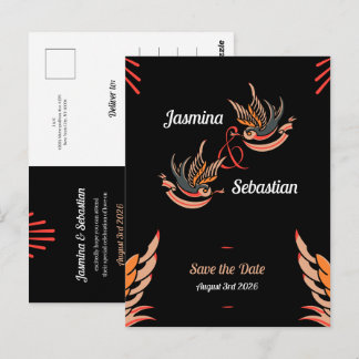Editierbare Rockabilly-Swallows Wedding Save the D Postkarte