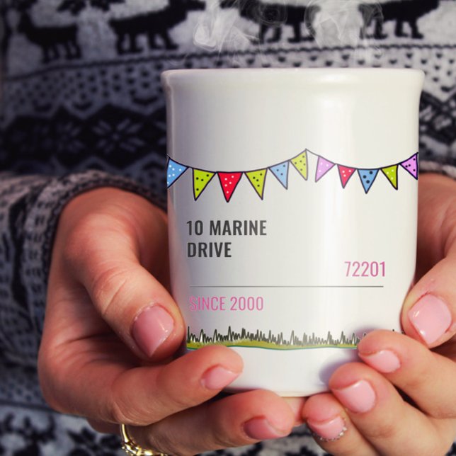 Editierbare Seagull-Jagd Kaffeetasse (Front Design - customize your address, zip/post code and date you moved in. Totally unique to you.)