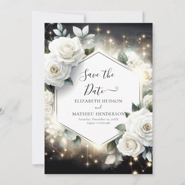 Editierbare Typografie White Roses Wedding Save The Date (Vorderseite)