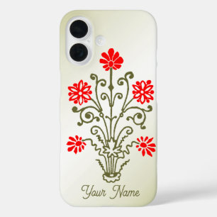 Editierbare Vintage Gold- und Rothalbblütenkunst iPhone 16 Hülle