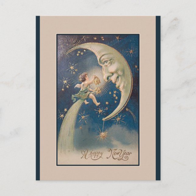 Editierbare Vintage Neumond-Neujahrsgrüße Postkarte (Vorderseite)