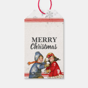 Editierbare Vintage Schneeballkinder Weihnachten Geschenkanhänger