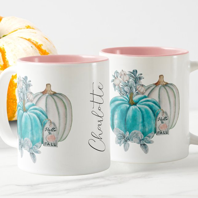 Editierbare Wasserfarbe Blau Pink Pumpkin Name Her Zweifarbige Tasse (Von Creator hochgeladen)