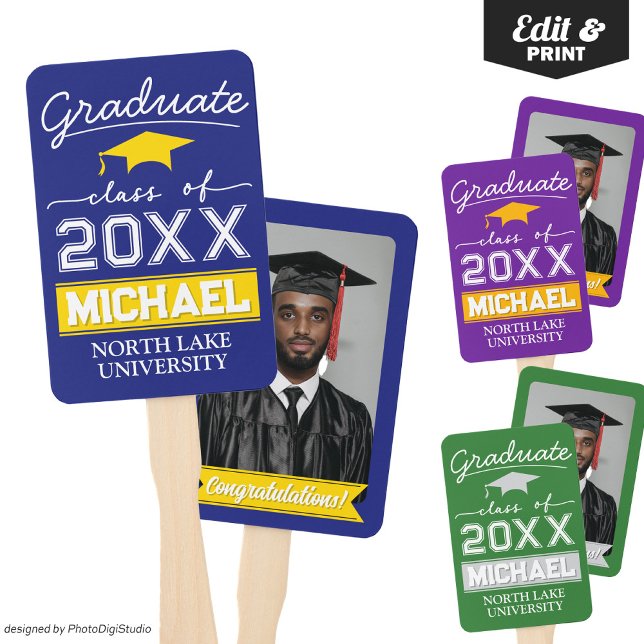 Editierbarer Abschluss Garden Flaggenname und Schu Fächer (Editable Graduation Hand Fan with Name & School, Custom Blue Gold Hand Fan for Graduation Ceremony )