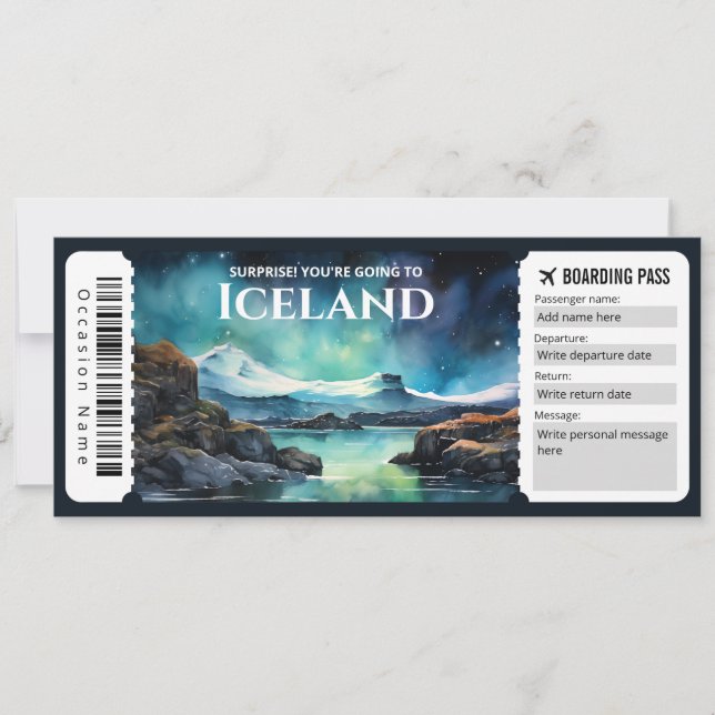 Editierbarer Flugzeug für Island Boarding Pass Einladung (Vorderseite)
