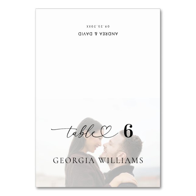 Editierbarer Gast Name Faded Foto Wedding Platzkar Tischnummer (Vorderseite)