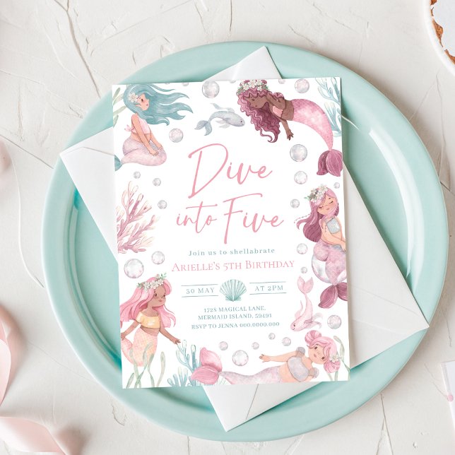 Editierbarer Tauchgang in 5 Meerjungfrau Geburtsta Einladung (Watercolor Mermaid 5th Birthday Invitation)