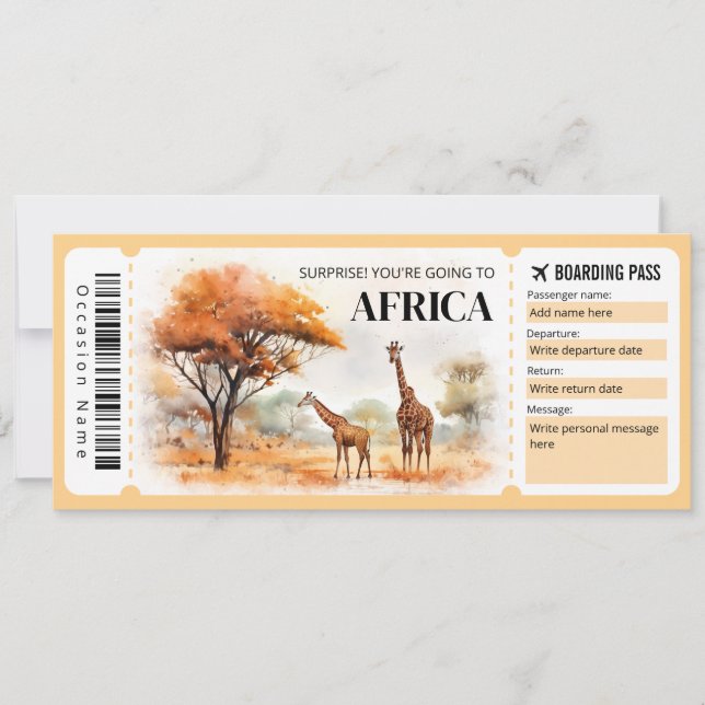 Editierbares Africa Boarding Pass Flugzeug Ticket Einladung (Vorderseite)