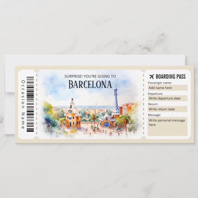 Editierbares Barcelona Flugzeug Boarding Ticket Einladung (Vorderseite)