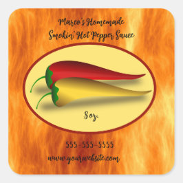 Editierbares Flames Smokin' Hot Pepper Sauce Label Quadratischer Aufkleber