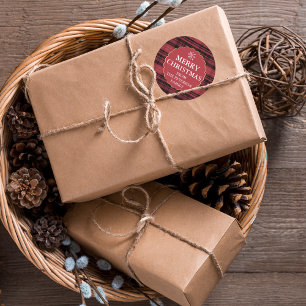 Editierbares Flanell kariertes goldfarbenes Weihna Runder Aufkleber