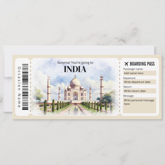 Editierbares India Boarding Pass Flugzeug Ticket Einladung (Vorderseite)
