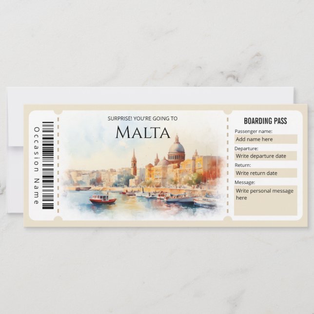 Editierbares Malta Flugzeug Boarding Pass Ticket Einladung (Vorderseite)