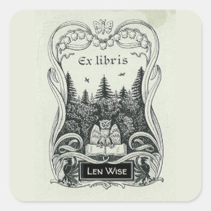 Editierbares Owl Book Forest Buchzeichen Quadratischer Aufkleber