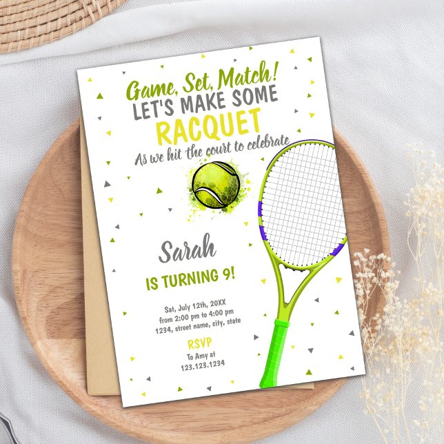 Editierbares Party für Kinder oder Jugendliche Einladung (Gray Light Green Tennis Birthday Invitations)