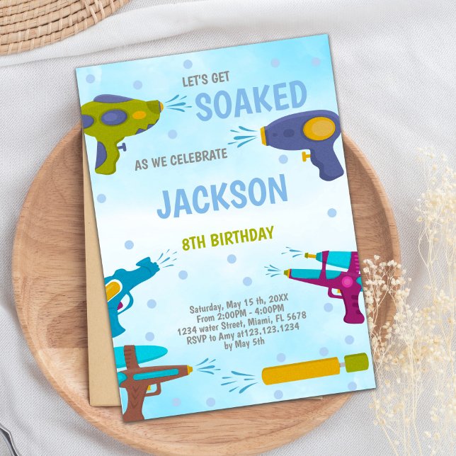 Editierbares Summer Splash Party laden Einladung (Yellow Blue Water Gun Invitations)