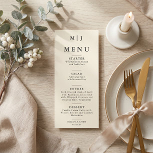 Editorial Minimalistische Winterhochzeitsmonogramm Menükarte