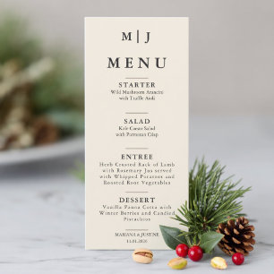 Editorial Minimalistische Winterhochzeitsmonogramm Menükarte