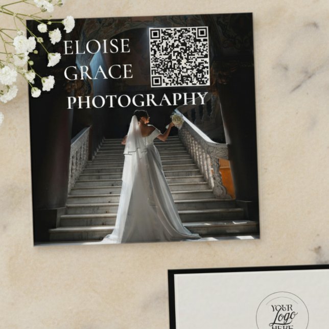Editorial Photo Logo QR Code Square Business Card Quadratische Visitenkarte (Market your photography business in style with this editorial business card!)