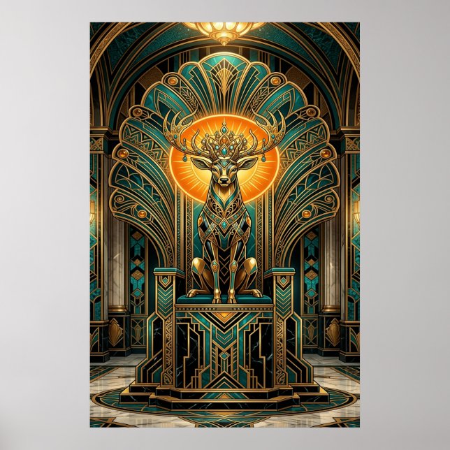 Edle Art Deco-Hirsch Golden Silhouette Poster (Vorne)