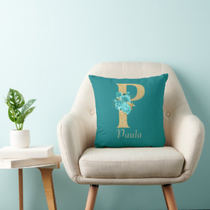 Edle Gold- und Aquablüten-Buchstabe-P-Kissenhülle Kissen