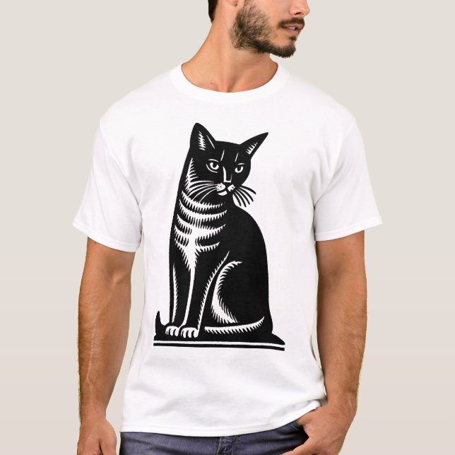 Edle Katze im Holzschnitt-Stil T-Shirt (Vorderseite)