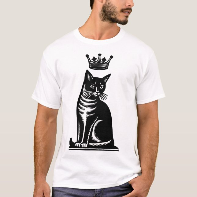 Edle Katzen-Holzschnitt-Optik T-Shirt (Vorderseite)
