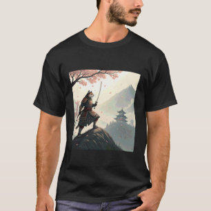 Edle Samurai-Katze mit Katana zwischen Blütenblätt T-Shirt