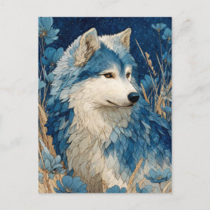 Edler blauer Wolf im goldenen Grasgarten Postkarte