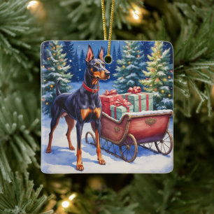 Edler Dobermann bewacht Weihnachtsschlitten im Win Keramikornament