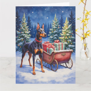 Edler Dobermann bewacht Weihnachtsschlitten Winter Karte