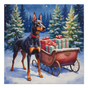 Edler Dobermann bewacht Weihnachtsschlitten Winter Poster